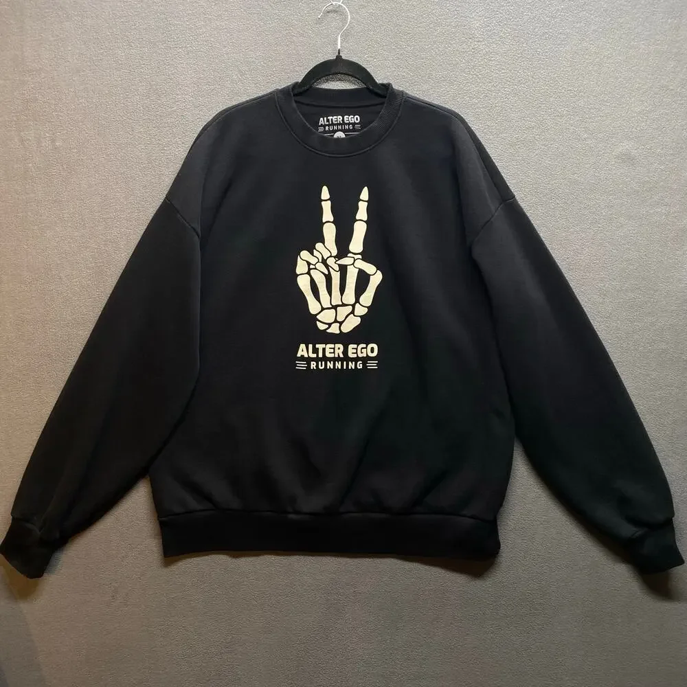 Alter Ego Running Peace Skeleton Crew Neck Pullover‎ Sweatshirt Mens XL Black